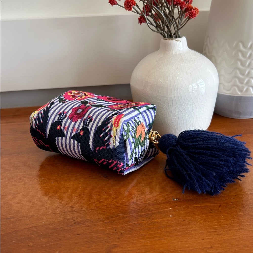 Coin pouch BoHo zip top purse accessory Birds Flowers Stripes Pom pom accent NEW